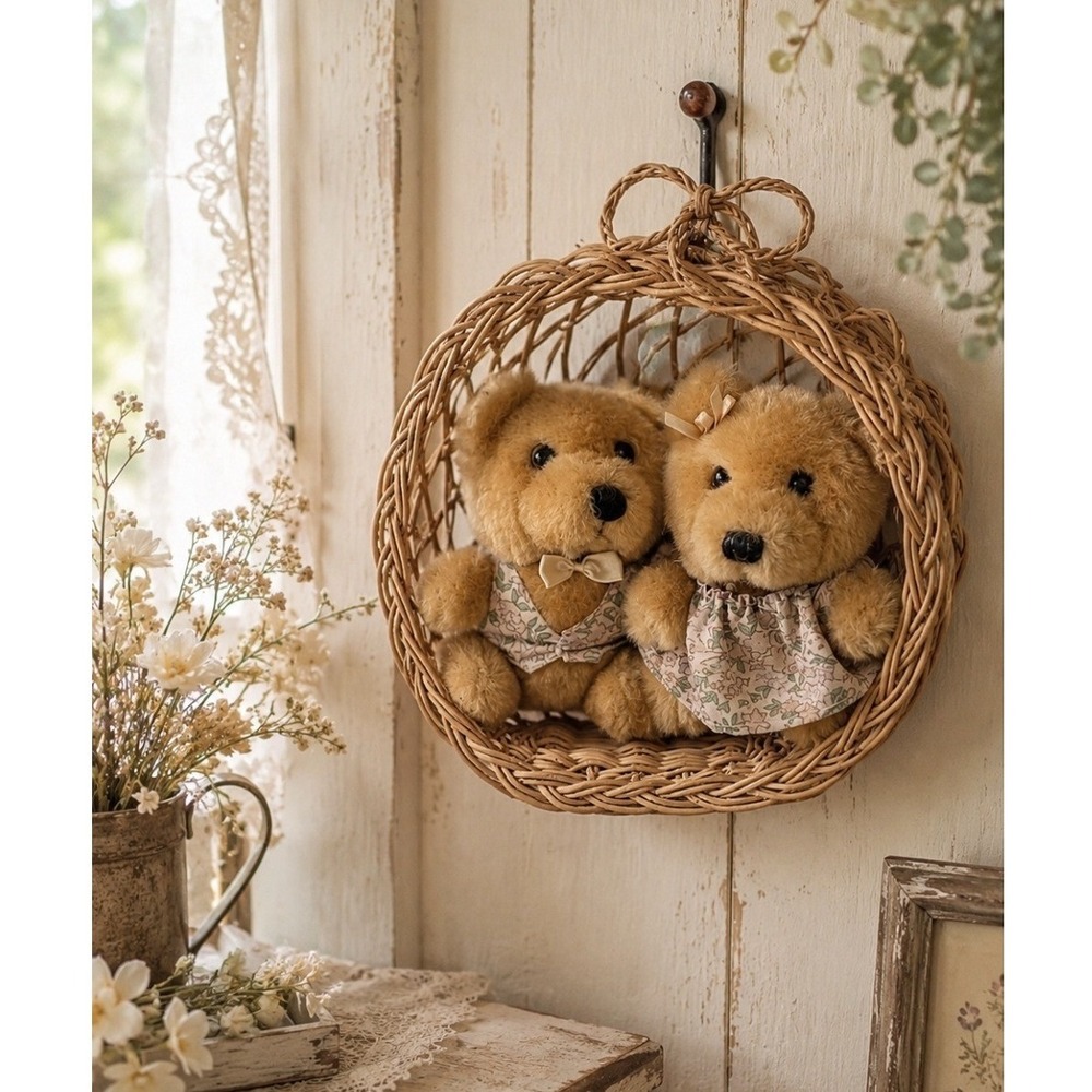 NOS Avon Vtg Gift Collection Beary Much Love Hanging Basket Plush Bears Tan Pink